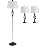 HOMCOM Juego de 2 Lámparas de Mesa y Lámpara de Pie con Pantalla de Tela E27 Máx. 40W IP20 e Interruptor de Pie Lámparas de Noche para Salón Dormitorio Ø38x158 cm y Ø30x62 cm Blanco
