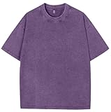 Camiseta Vintage de Verano de Algodón para Hombres Grande tee Casual de Manga Corta Neutra Camiseta Lavada con Ácido(L,E-Morado)