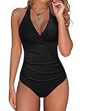 Voqeen Traje de Baño de Una Pieza Mujer Control de Barriga Fruncido Bañador Halter Cuello en V Push Up Traje de baño Acolchado Monokinis