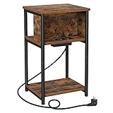 VASAGLE Mesas Auxiliares con Enchufe, Mesitas de Noche con 2 Enchufes de CA y 2 Puertos USB, 30 x 34 x 58 cm, para Sala de Estar, Dormitorio, Marrón Rústico y Negro LET375B01