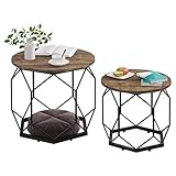 WOLTU Juego de 2 Mesitas de Cafe, Mesa Auxiliar con Tablero Redondo, Centro en Estructura Metálica, Ideal para Salon y Dormitorio, Madera Vintage+Negro, BTS05hov