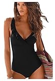 JFAN Traje de Baño Mujer de Una Pieza Volante Cuello en V Ropa de Baño Playa Control del Vientre Monokini Negro Large