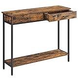 VASAGLE Mesa de Consola, Mesa de Entrada, Mesa de Centro con 2 cajones, Marco de Acero, Estable, para Pasillo, Dormitorio, Sala de Estar, Estilo Industrial, marrón rústico y Negro LNT015B01