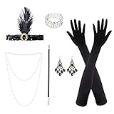 NITAIUN 6 Piezas 1920 Juego de Accesorios 1920s Flapper Diadema Collar Guantes Largos Pendientes Accesorios de Mano Pulsera Great Gatsby Accesorios Vintage para Rugir Fiesta de los Años 20(Negro)