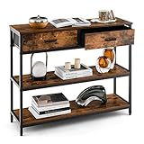 COSTWAY Mesa de Consola de 100 cm, de Entrada con 2 Cajones Plegables y Estantes, Mesa Auxiliar para Sofá de Metal y 2 Juegos Antivuelco, Mesa de Recibidor para Sala de Estar y Entrada
