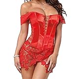 SxyBox Mujer Corsé de Cuero de imitación Sexy Ajustable Corset Vestido Vintage Bustier con Tanga,Rojo