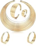 JeweBella 5Piezas Collar Bib Declaración Nacional Africana Pulsera Mujer Punos Ajustables Conjuntos Abierto Joyería Moda Pendientes Círculo Anillos Mujer Collares Oro/Plata Bisutería