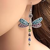 Pendientes De Cristal De Libélula Bjg Vintage para Mujer, Pendientes De Piedra Verde Azul Arcoíris Bohemios, Bonitos Pendientes De Gota De Color Plateado para Mujer