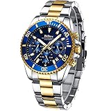 BIDEN Relojes de Pulsera para Hombre con cronógrafo, de Acero Inoxidable, Resistente al Agua, con Fecha, analógico, de Cuarzo, para Negocios, Casual, a la Moda, Oro Azul B